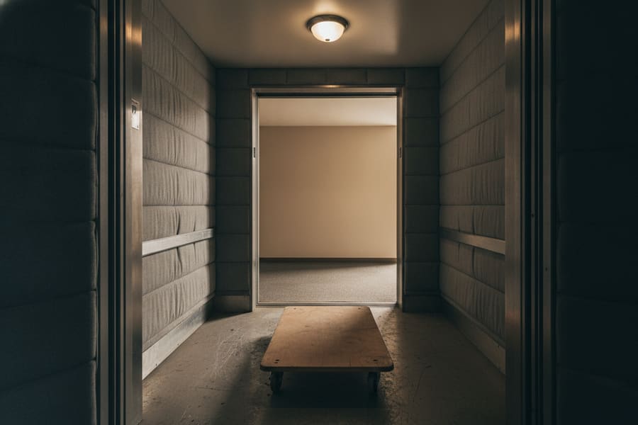 The lobby entrance of a Brooklyn elevator apartment building with a doorman desk visible inside
