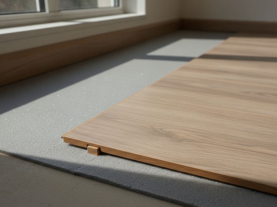 Laminate planks being clicked together over underlay in a bright residential room